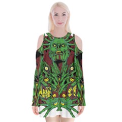 Zombie Star Monster Green Monster Velvet Long Sleeve Shoulder Cutout Dress by Sarkoni