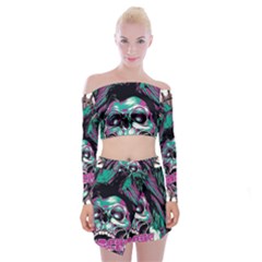 Anarchy Skull And Birds Off Shoulder Top With Mini Skirt Set by Sarkoni