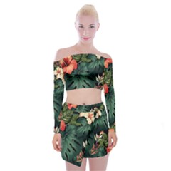 Flowers Monstera Foliage Tropical Off Shoulder Top With Mini Skirt Set by Ravend