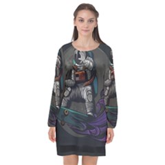 Illustration Astronaut Cosmonaut Paying Skateboard Sport Space With Astronaut Suit Long Sleeve Chiffon Shift Dress  by Ndabl3x