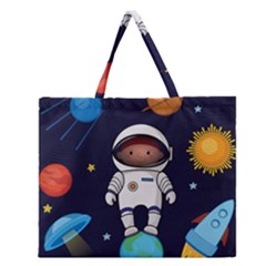Boy Spaceman Space Rocket Ufo Planets Stars Zipper Large Tote Bag by Ndabl3x