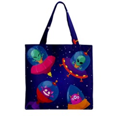 Cartoon Funny Aliens With Ufo Duck Starry Sky Set Zipper Grocery Tote Bag by Ndabl3x