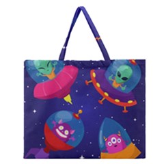 Cartoon Funny Aliens With Ufo Duck Starry Sky Set Zipper Large Tote Bag by Ndabl3x