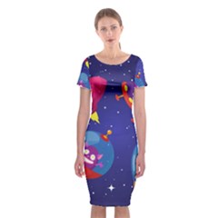 Cartoon Funny Aliens With Ufo Duck Starry Sky Set Classic Short Sleeve Midi Dress by Ndabl3x