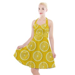 Lemon Fruits Slice Seamless Pattern Halter Party Swing Dress  by Ravend