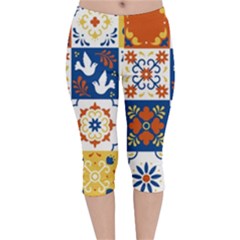 Mexican Talavera Pattern Ceramic Tiles With Flower Leaves Bird Ornaments Traditional Majolica Style Velvet Capri Leggings  by Ket1n9