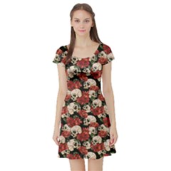 Brown Skull And Flowers Day Of The Dead Vintage Short Sleeve Skater Dress by CoolDesigns