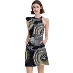 Abstract Style Gears Gold Silver Cocktail Party Halter Sleeveless Dress With Pockets by Cemarart
