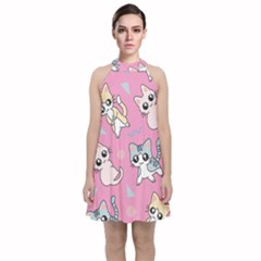 Cute Animal Little Cat Seamless Pattern Velvet Halter Neckline Dress  by Grandong