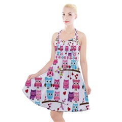 Owl Pattern Halter Party Swing Dress  by Cemarart