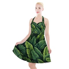 Green Leaves Halter Party Swing Dress  by goljakoff