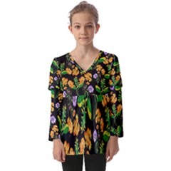 Flowers Pattern Art Floral Texture Kids  V Neck Casual Top by Cemarart