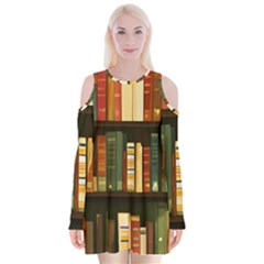 Books Bookshelves Library Fantasy Apothecary Book Nook Literature Study Velvet Long Sleeve Shoulder Cutout Dress by Grandong