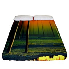 Outdoors Night Moon Full Moon Trees Setting Scene Forest Woods Light Moonlight Nature Wilderness Lan Fitted Sheet (california King Size) by Posterlux