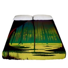 Nature Swamp Water Sunset Spooky Night Reflections Bayou Lake Fitted Sheet (california King Size) by Posterlux