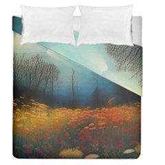 Wildflowers Field Outdoors Clouds Trees Cover Art Storm Mysterious Dream Landscape Duvet Cover Double Side (queen Size) by Posterlux