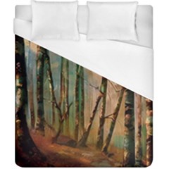 Woodland Woods Forest Trees Nature Outdoors Mist Moon Background Artwork Book Duvet Cover (california King Size) by Posterlux