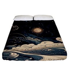 Starry Sky Moon Space Cosmic Galaxy Nature Art Clouds Art Nouveau Abstract Fitted Sheet (king Size) by Posterlux