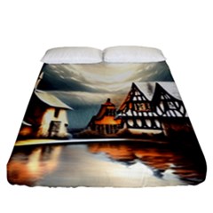 Village Reflections Snow Sky Dramatic Town House Cottages Pond Lake City Fitted Sheet (california King Size) by Posterlux