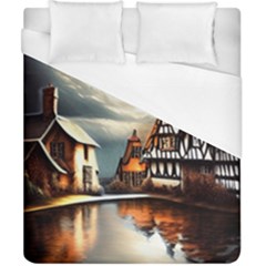 Village Reflections Snow Sky Dramatic Town House Cottages Pond Lake City Duvet Cover (california King Size) by Posterlux