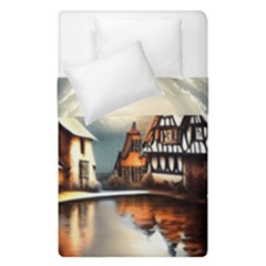 Village Reflections Snow Sky Dramatic Town House Cottages Pond Lake City Duvet Cover Double Side (single Size) by Posterlux