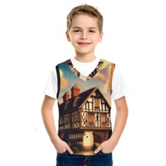 Village House Cottage Medieval Timber Tudor Split Timber Frame Architecture Town Twilight Chimney Kids  Basketball Tank Top by Posterlux