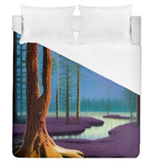 Artwork Outdoors Night Trees Setting Scene Forest Woods Light Moonlight Nature Duvet Cover (queen Size) by Posterlux