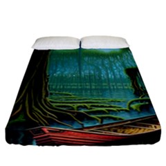 Boat Canoe Swamp Bayou Roots Moss Log Nature Scene Landscape Water Lake Setting Abandoned Rowboat Fi Fitted Sheet (california King Size) by Posterlux