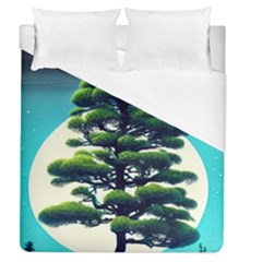 Pine Moon Tree Landscape Nature Scene Stars Setting Night Midnight Full Moon Duvet Cover (queen Size) by Posterlux