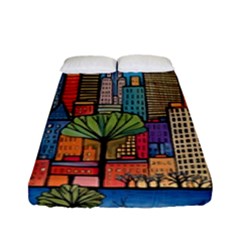 City New York Nyc Skyscraper Skyline Downtown Night Business Urban Travel Landmark Building Architec Fitted Sheet (full/ Double Size) by Posterlux