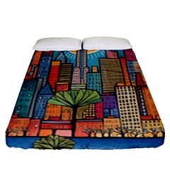 City New York Nyc Skyscraper Skyline Downtown Night Business Urban Travel Landmark Building Architec Fitted Sheet (queen Size) by Posterlux