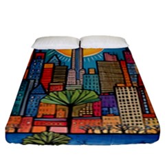 City New York Nyc Skyscraper Skyline Downtown Night Business Urban Travel Landmark Building Architec Fitted Sheet (king Size) by Posterlux