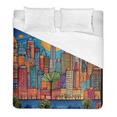 City New York Nyc Skyscraper Skyline Downtown Night Business Urban Travel Landmark Building Architec Duvet Cover (full/ Double Size) by Posterlux