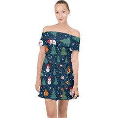 Snow Snowman Tree Christmas Tree Off Shoulder Chiffon Dress by Ravend