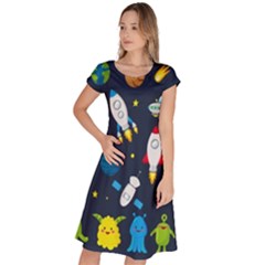 Big Set Cute Astronauts Space Planets Stars Aliens Rockets Ufo Constellations Satellite Moon Rover V Classic Short Sleeve Dress by Bedest