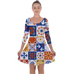Mexican Talavera Pattern Ceramic Tiles With Flower Leaves Bird Ornaments Traditional Majolica Style Quarter Sleeve Skater Dress by Ket1n9
