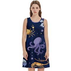 Marine Seamless Pattern Thin Line Memphis Style Round Neck Sleeve Casual Dress With Pockets by Ket1n9