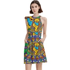Dead Dancing Bears Grateful Dead Pattern Cocktail Party Halter Sleeveless Dress With Pockets by Grandong