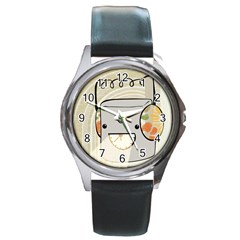 Happy Beam Round Leather Watch (silver Rim) by RachelIsaacs