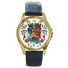 Tribal Dragon Round Leather Watch (gold Rim)  by TheWowFactor