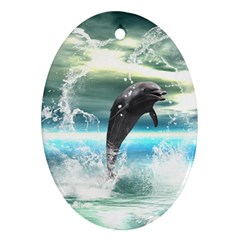 Funny Dolphin Jumping By A Heart Made Of Water Ornament (oval)  by FantasyWorld7