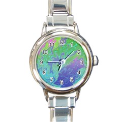 Green Blue Pink Color Splash Round Italian Charm Watch by BrightVibesDesign