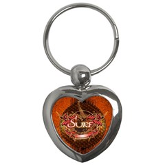 Surfing, Surfboard With Floral Elements  And Grunge In Red, Black Colors Key Chains (heart)  by FantasyWorld7
