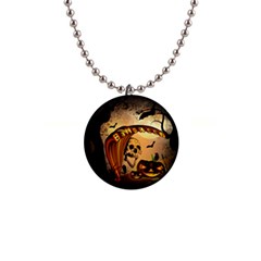 Halloween, Funny Pumpkin With Skull And Spider In The Night Button Necklaces by FantasyWorld7