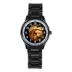 Halloween, Funny Pumpkin With Skull And Spider In The Night Stainless Steel Round Watch by FantasyWorld7