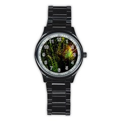 Green Leaves Psychedelic Paint Stainless Steel Round Watch by Nexatart