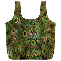 Peacock Feathers Green Background Full Print Recycle Bags (l)  by Simbadda