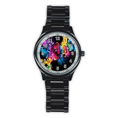 Abstract Patterns Lines Colors Flowers Floral Butterfly Stainless Steel Round Watch by Mariart