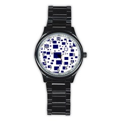 Illustrated Blue Squares Stainless Steel Round Watch by Mariart