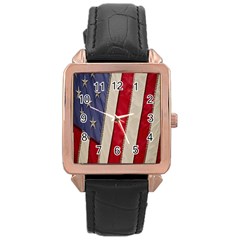 Usa Flag Rose Gold Leather Watch  by BangZart